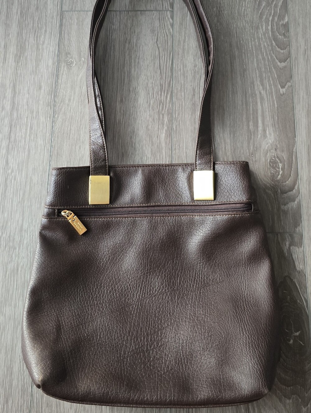 Mondani New York Brown Faux Leather Shoulder Tote Bag Gold Hardware